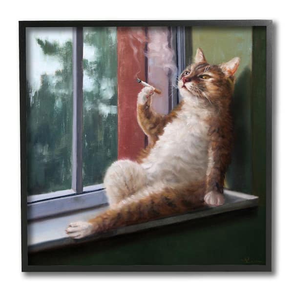 Stupell Industries "House Cat Smoking Lounging in Window Pane" by Lucia Heffernan Framed Animal Wall Art Print 12 in. x 12 in.