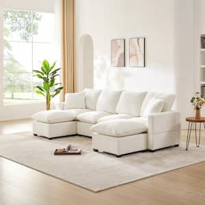 110 in. Straight Arm Chenille U-Shape Sectional Sofa in White with 2 Pillows, 2 Ottomans, Freely Combinable Seats