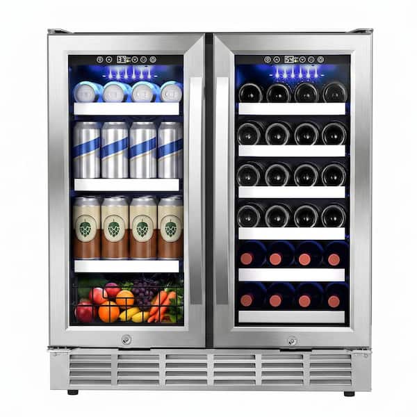 30 in. Dual Zone French Door 33 Bottle and 95 Can Wine and Beverage Cooler in Silver with Internal Blue LED Lighting