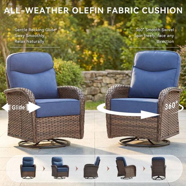 Rivieral 5-Piece Brown Wicker Swivel Glider Outdoor Rocking Chair with Ottomans, Side Table and 6 Inch Blue Cushions