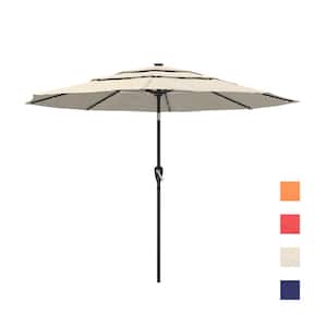 11 ft. Market Patio Umbrella 3-Tiers Crank and Tilt Outdoor Umbrella in Tan with LED Lights