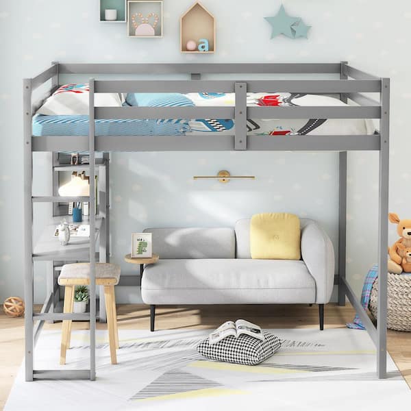 Full Size Loft Bed Solid Wood Bed Frame with Ladder, Shelves & Desk - Gray