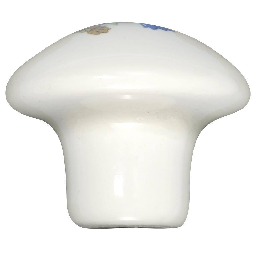 White Porcelain Round Cabinet Knob with Floral Design