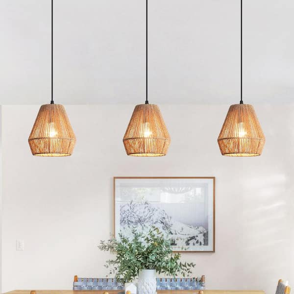 60 -Watt 1-Light Brown Shaded Pendant Light with Rattan Geometric Shade, No Bulbs Included(Set of 3)