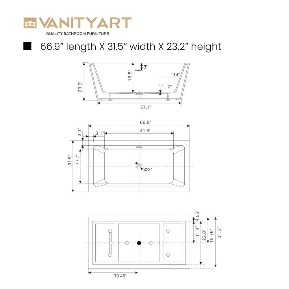 67" White Acrylic Freestanding Soaking Bathtub with Overflow