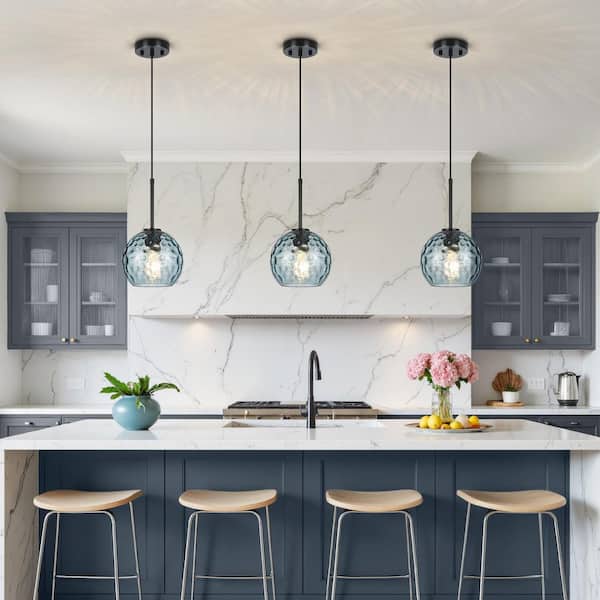 RayHome 1-Light Nickel Modern Pendant Light with Blue Water Pattern Glass Shade for Kitchen Island Bedroom
