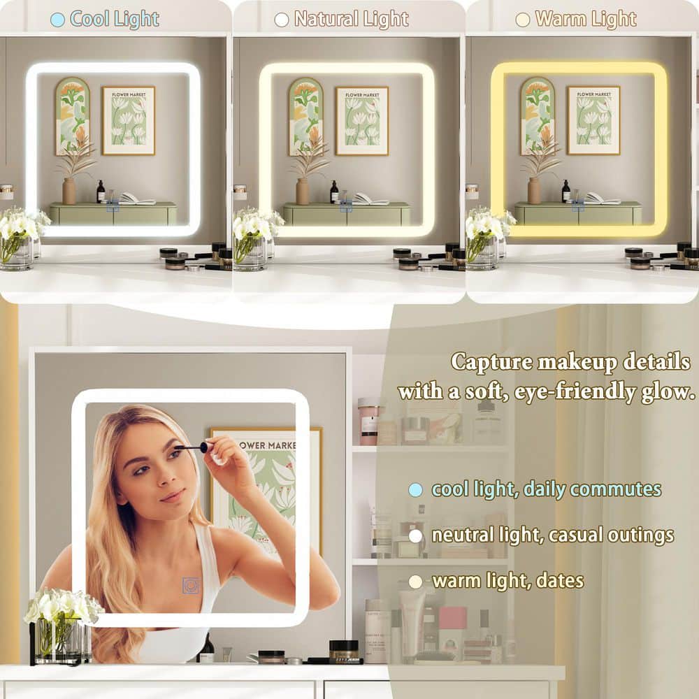 5-Drawers White Makeup Vanity Sets Dressing Table Sets with LED Dimmable Mirror, Stool and 3-Tier Storage Shelves - thumbnail 6