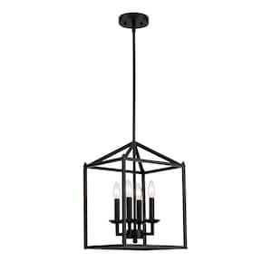 Hola 4-Light Pendant Light Chandelier with Black and Steel Cage Shade