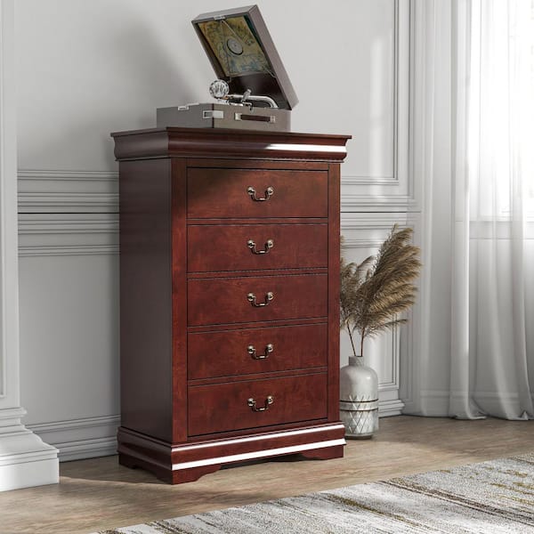 Furniture of America Alarcon 5-Drawer Cherry Chest of Drawers (47.88 in H x 31.5 in W. x 15.75 in. D)