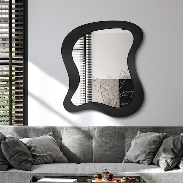 Hochwertiges 30 in. W. x 36 in. H Irregular Wavy Black Wood Framed Wall Mirror Asymmetrical Decorative Wall Mirror