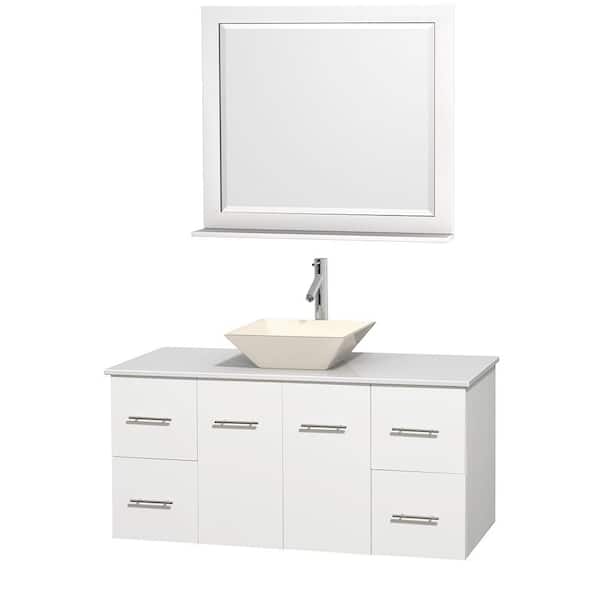 Wyndham Collection Centra 48 in. Vanity in White with Solid-Surface Vanity Top in White, Bone Porcelain Sink and 36 in. Mirror