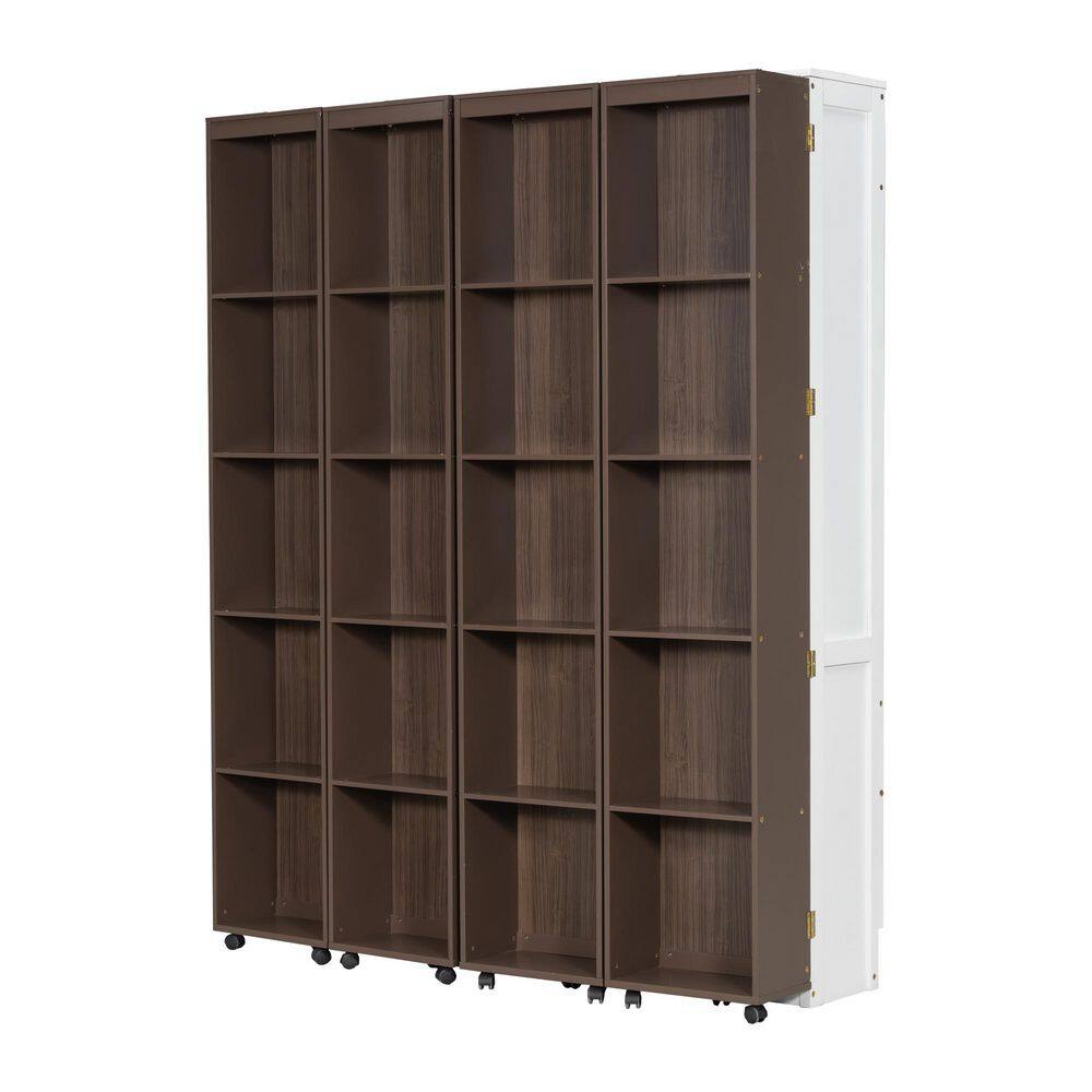 White Wood Frame Queen Murphy Bed Wall Bed with Push-Pull Foldable Storage Cabinets - thumbnail 8
