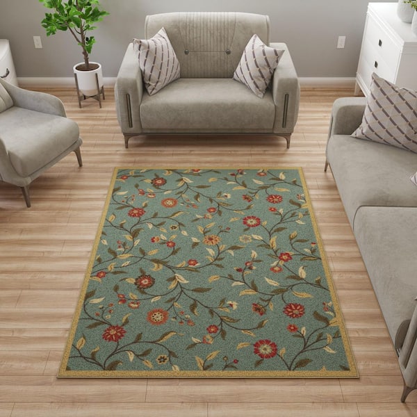 Ottohome Collection Non-Slip Rubberback Floral Leaves 5x7 Indoor Area Rug, 5 ft. x 6 ft. 6 in., Dark Seafoam Green