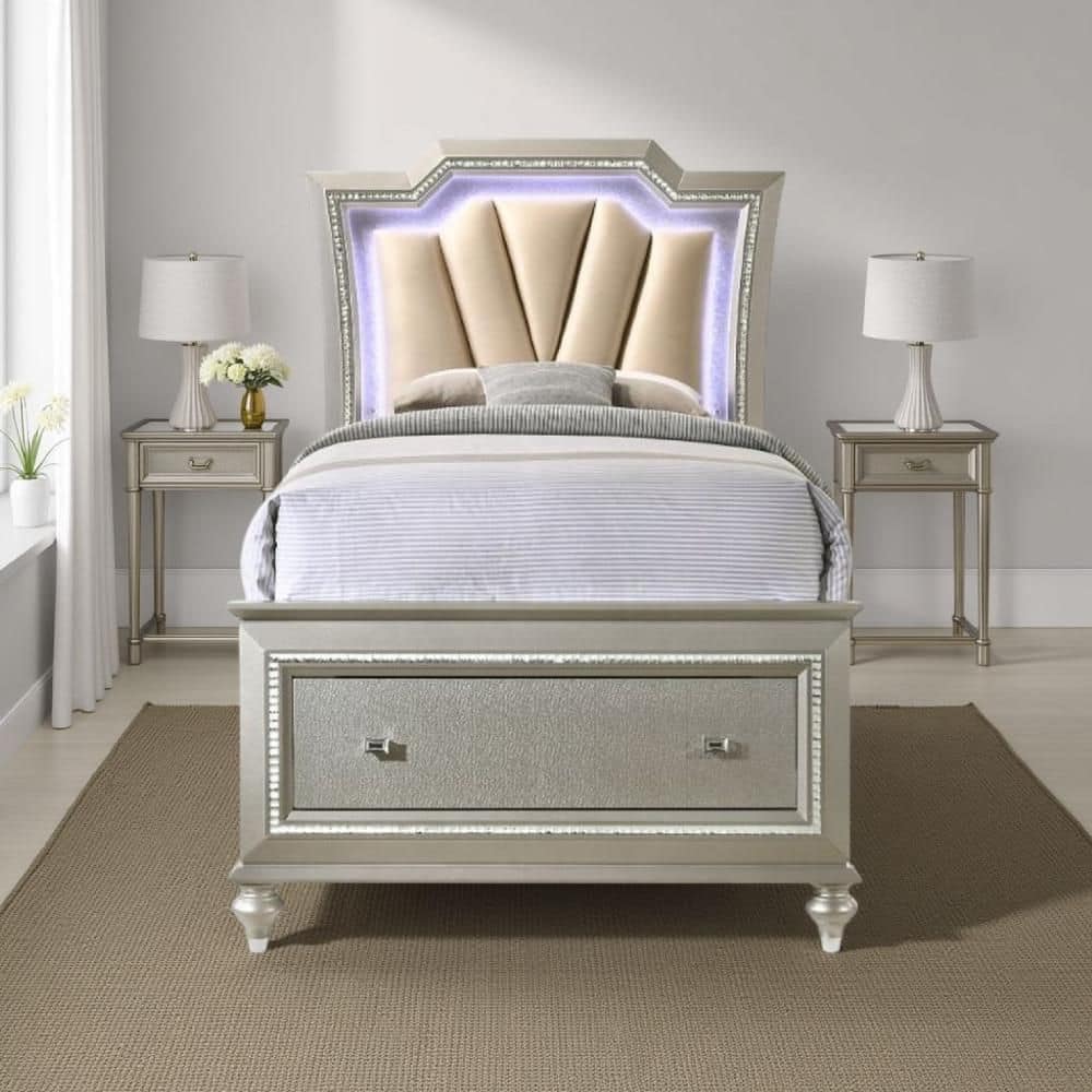 Benjara Gold Wood Frame Full Size Panel Bed with Padded