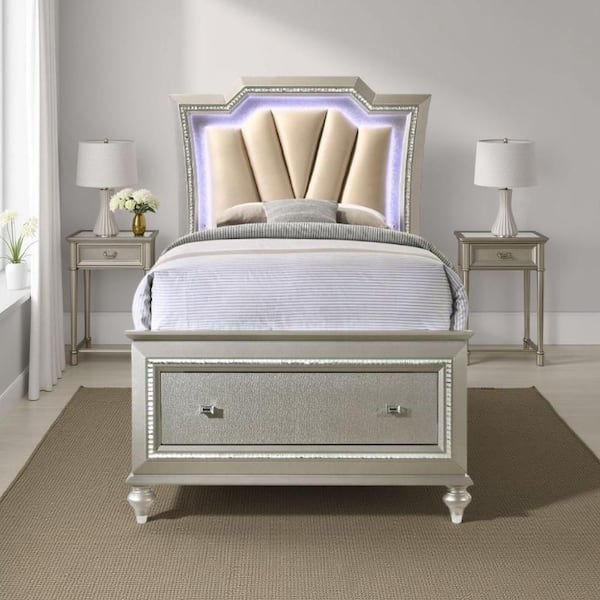 Benjara Gold Wood Frame Full Size Panel Bed with Padded