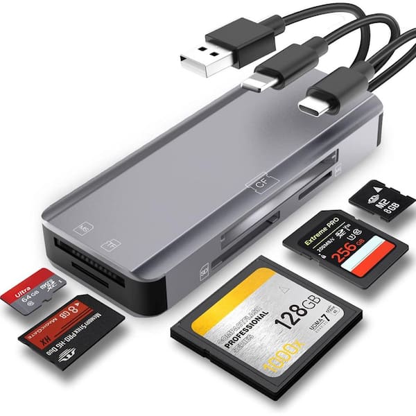 EKIEUDL 5-in-1 Multi Memory Card Reader SD/TF/CF/MS/M2/Micro SD Card Reader Adapter for i-Phone/i-Pad USB C and USB A Devices