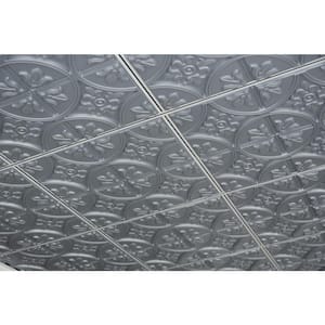 Spanish Floral Matt Silver 23.7 in. x 23.7 in. Decorative Ceiling Wall Panel Lay in Glue Ceiling Tile (48 sq. ft./case)