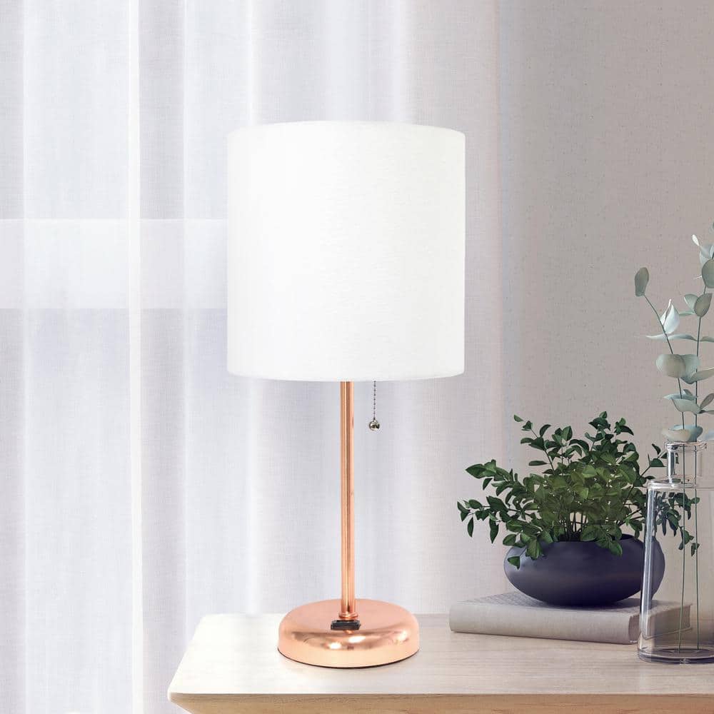 19.5" Rose Gold Metal Table Lamp with White Fabric Shade and Power Outlet