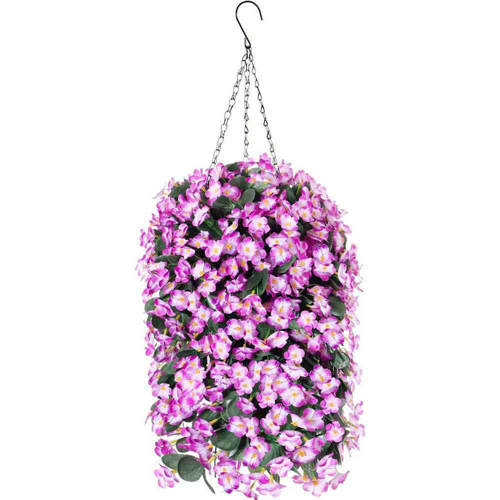 19.7 in. Purple Outdoor Artificial Flowers Violet in Brown Hanging Basket