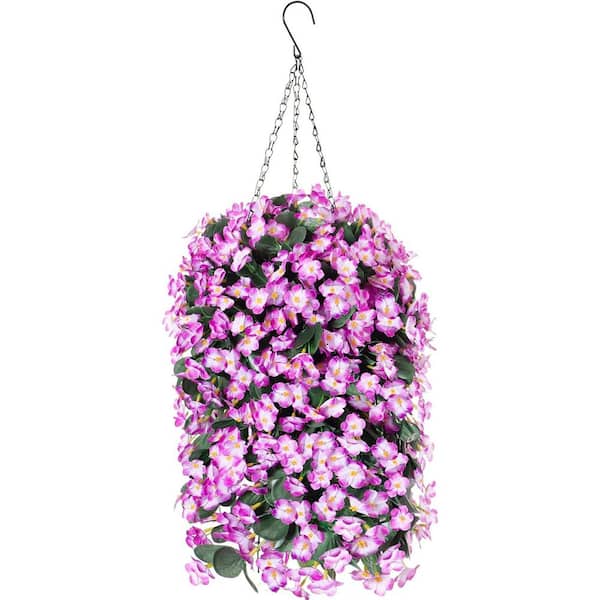 Unbranded 19.7 in. Purple Outdoor Artificial Flowers Violet in Brown Hanging Basket
