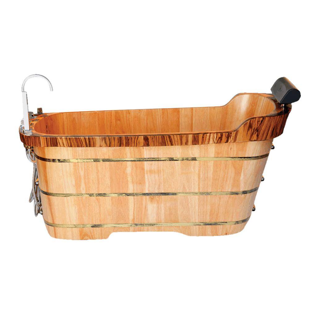 Natural Wood Freestanding Soaking Bathtub with Chrome Faucet