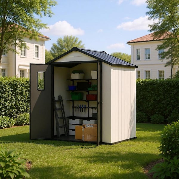 6 ft. W x 4 ft. D Resin Storage Shed with Lockable Doors, Frosted Windows, Sloped Roof, and Floor Included (24 sq. ft.)