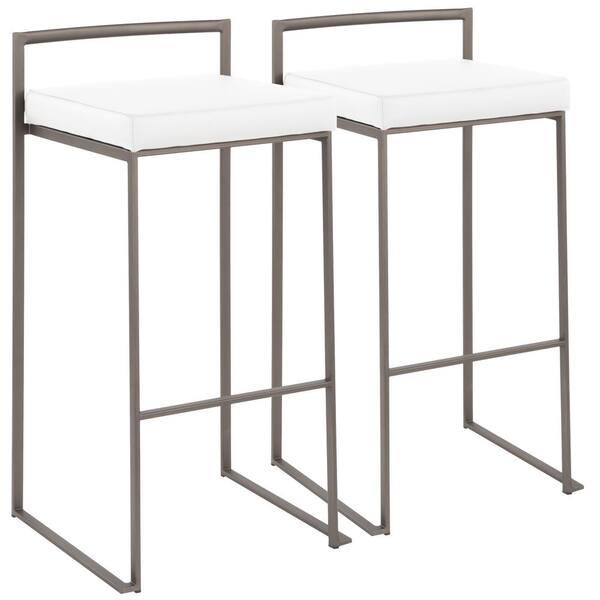 Lumisource Fuji 30 in. Antique Stackable Bar Stool with White Faux Leather Cushion (Set of 2)