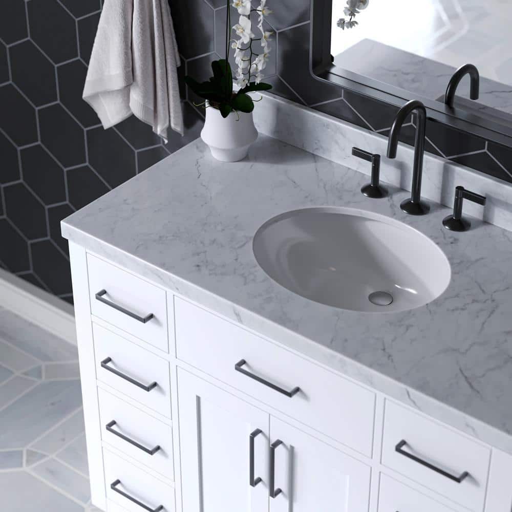 White Freestanding Vanity with Carrara Marble Top and Basin
