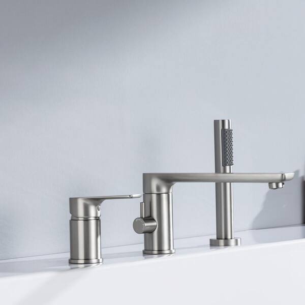Staykiwi Single-Handle Roman Tub Faucet with Hand Shower 3-Hole Bathtub Faucet in Brushed Nickel