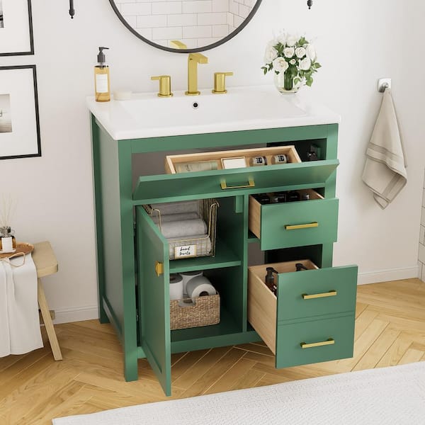 Tenleaf 30 in. W Single Sink Freestanding Bath Vanity in Green with White Ceramic Top and Drawers for Small Bathrooms