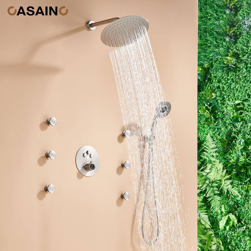 Brushed Nickel Thermostatic Rain Shower System with Digital Display