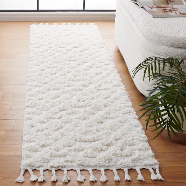 Moroccan Tassel Shag 2 ft. x 12 ft. Ivory High-Low Geometric Fringe Runner Rug