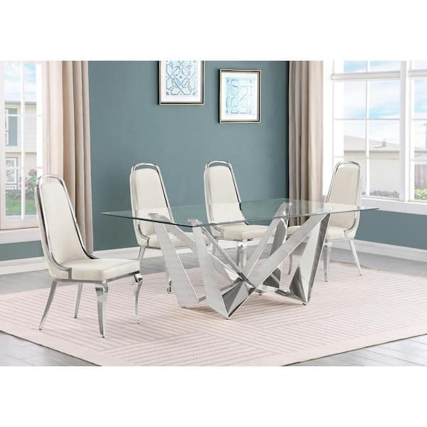 Best Quality Furniture Rae 5-Piece Rectangular Glass Top Stainless Steel Base Dining Set With 4 Cream Velvet Chrome Iron Legs Chairs