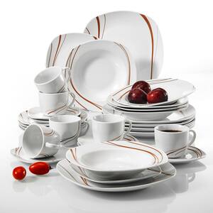 Bonnie 30-Piece Ivory White Brown Lines Porcelain Dinner Set with Dessert Soup Dinner Plates Cups Service for 6