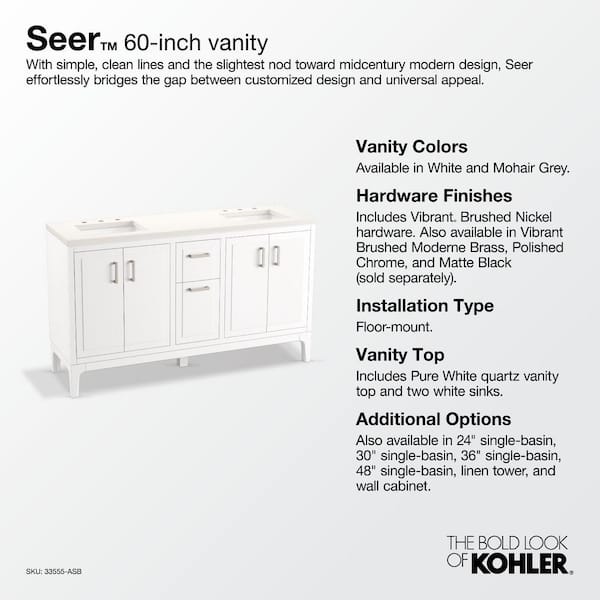KOHLER Seer 60.12in. Double Sink Freestanding Mohair Grey Bath Vanity with White Quartz Top Assembled