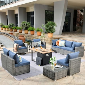 Hippish Gray 11-Piece Wicker Patio Fire Pit Table Conversation Set with Denim Blue Cushions and Swivel Rocking Chairs