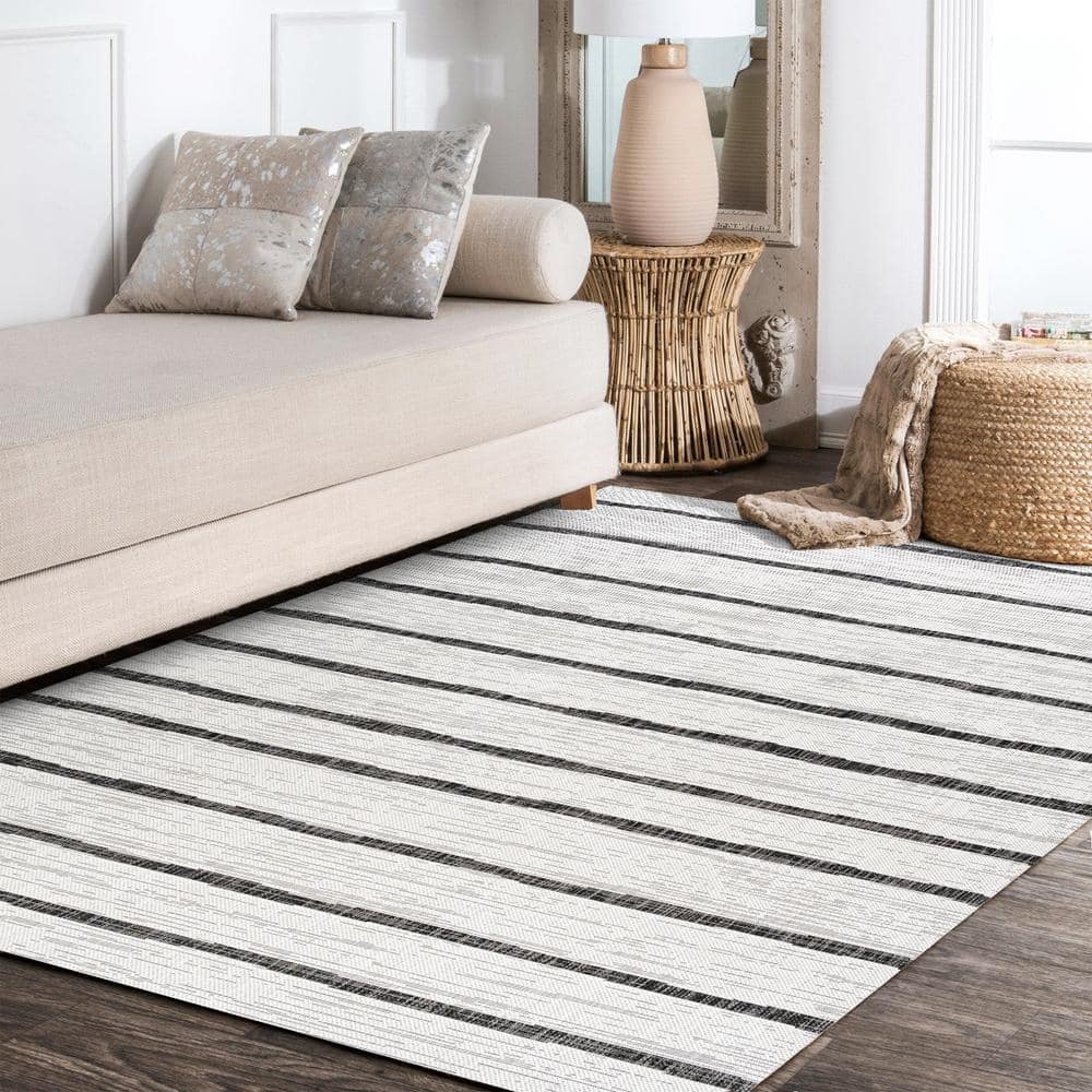 Ivory and Black Striped Synthetic Indoor/Outdoor Rug