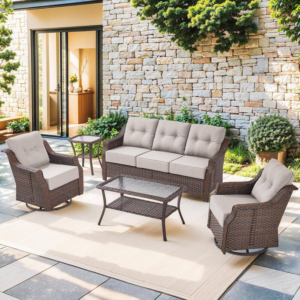 Circle Brown 5-Piece Wicker Patio Conversation Seating Set with Beige Cushions, Outdoor Sofa set with Coffee Table price history on PriceWatchPro