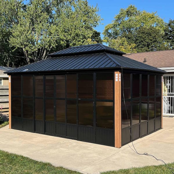 12ft. x 16ft. Sunroom Hardtop Gazebo Solarium Galvanized Steel Double Roof Aluminum PC Mesh Screen House Backyard Brown
