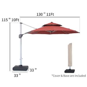 11 ft. Octagon Aluminum Offset Cantilever Patio Umbrella 360-Degree Rotation Outdoor Tilt Umbrella with Base in Burgundy