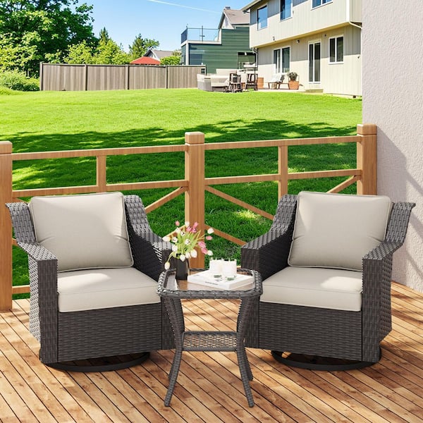 3-Piece Stylish Wicker Patio Swivel Chair Outdoor Rocking Chair Set with Thick Beige Cushions and Table