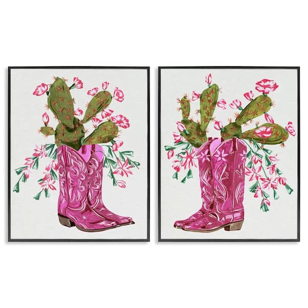 Stupell Industries Cactus in Pink Cowgirl Boots by Melissa Wang 2 Pieces Black Framed Nature Giclee Art Print 14 in. x 11 in.