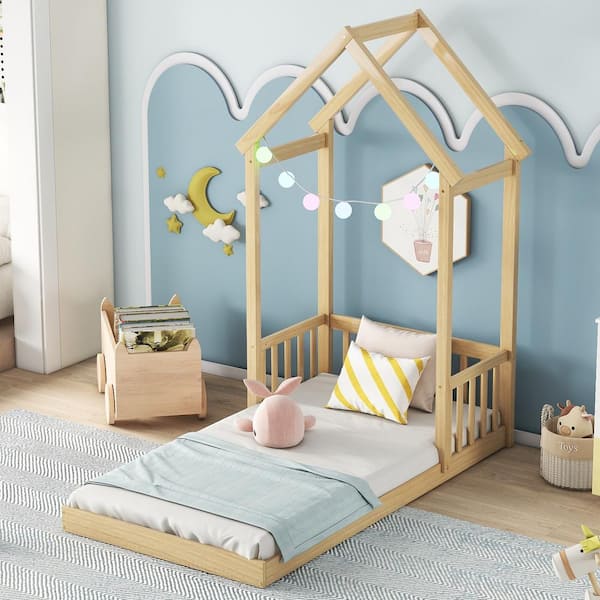 Harper & Bright Designs Natural Wood Frame Twin Size House Platform Bed with Roof, Bedhead Fence Guardrail (Without Slats)