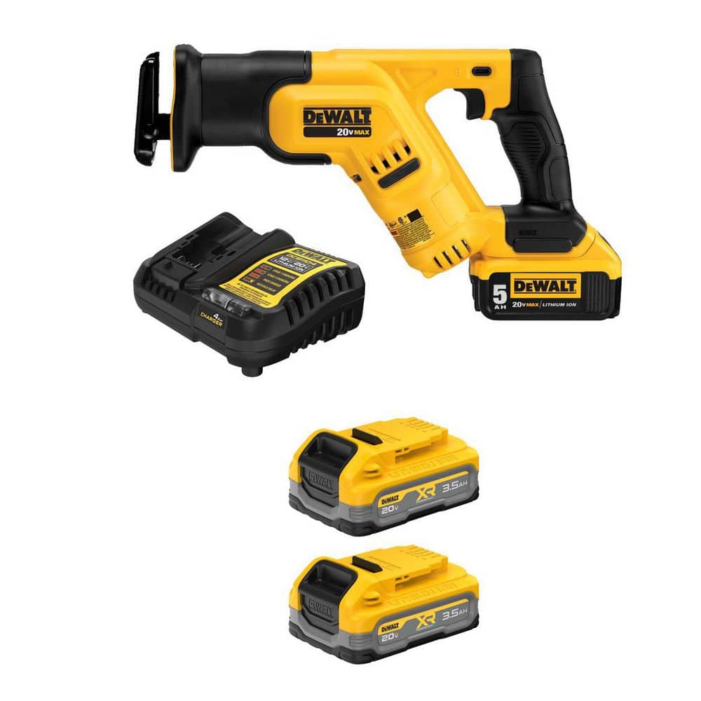 DEWALT 20-Volt Max Lithium-Ion Cordless Compact Reciprocating Saw Kit w/ 5Ah Battery, (2) Powerstack 3.5 Ah Batteries, Charger (DCS387P1WP320-2)