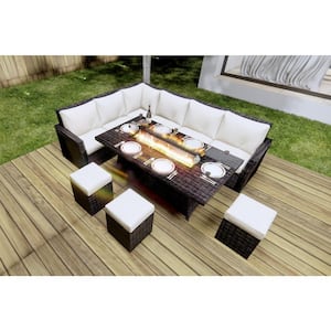 Amy 8-Piece Wicker Patio Fire Pit Conversation Sofa Set with Beige Cushions