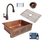 Ganku All-in-One Farmhouse Solid Copper 33 in. Single Bowl Kitchen Sink with Pfister Faucet and Disposal Drain in Bronze