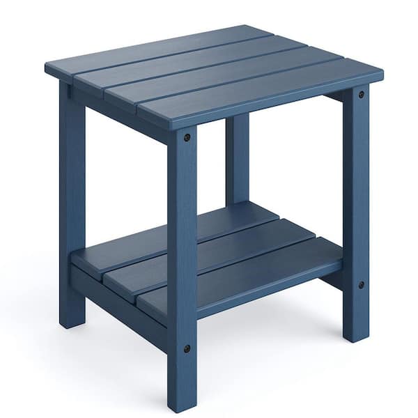 HDPE Plastic Navy Blue Wood Texture Square Adirondack Outdoor Side Table with Storage Shelf