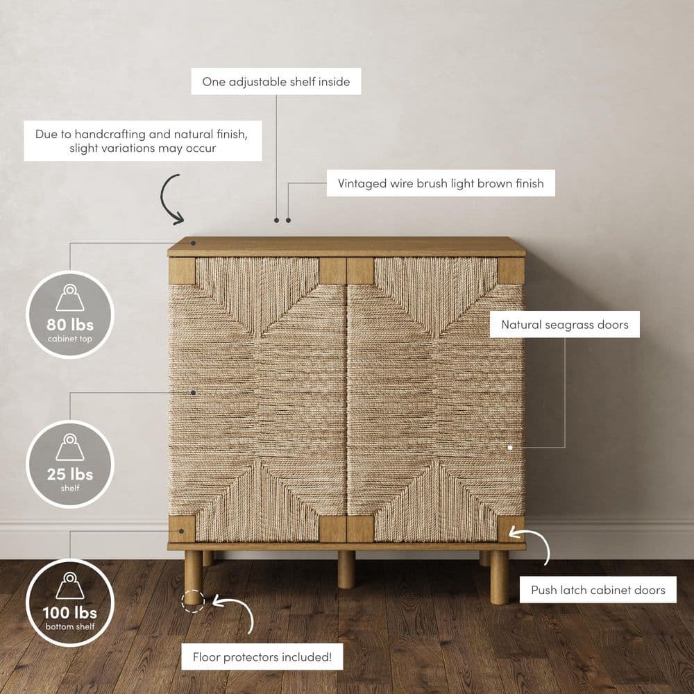 Beacon Light Brown Wood and Seagrass Storage Cabinet with Adjustable Shelves