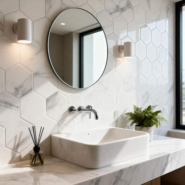 Nature Glossy Calacatta White Hexagon 8 in. x 8 in. Marble Look Glass Wall Tile (20 sq.ft./Case)