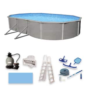Belize 12 ft. x 24 ft. Oval x 52 in. Deep Metal Wall Above Ground Pool Package with 6 in. Top Rail